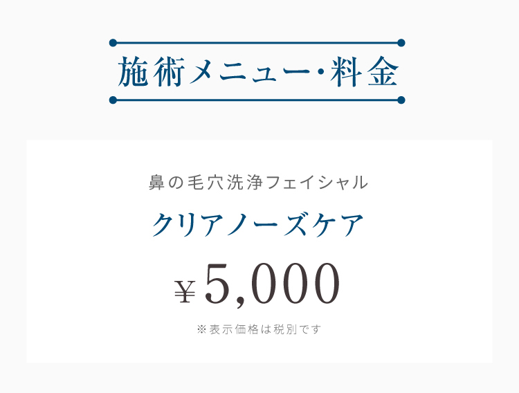 施術メニュー・料金 鼻の毛穴洗浄フェイシャルクリアノーズケア¥5,000 ※表示価格は税別です